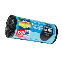 Мешки для мусора 120 л, с ушками, черные, в рулоне 30 шт., ПНД, 15 мкм, 1100х700 мм, Крепак, 4607075710375 в Сосновом Бору
